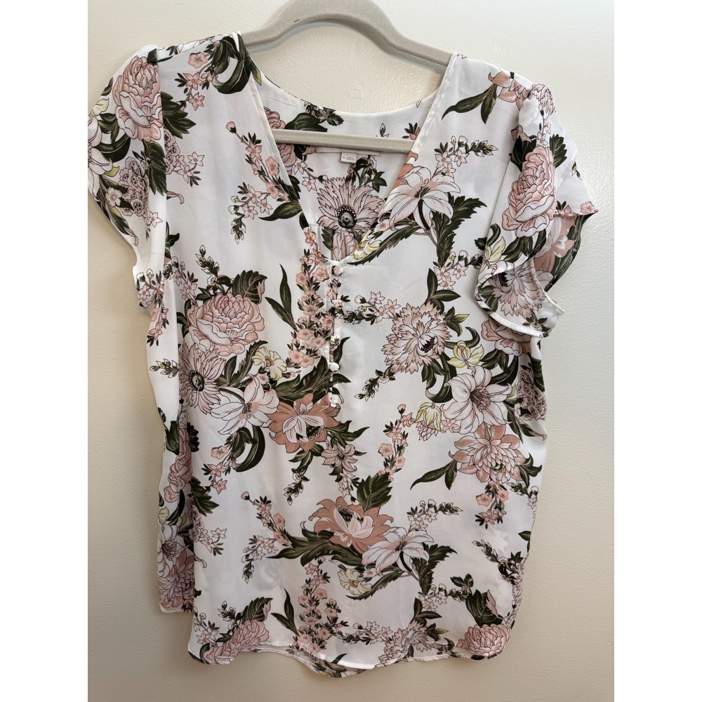 LOFT Womens Medium Blouse White Floral Cap Sleeve Workwear Pullover Easy Top